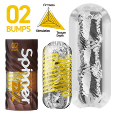 SPINNER DX 02 Bumps packaging, firmness chart, and cross-section showing internal bump texture