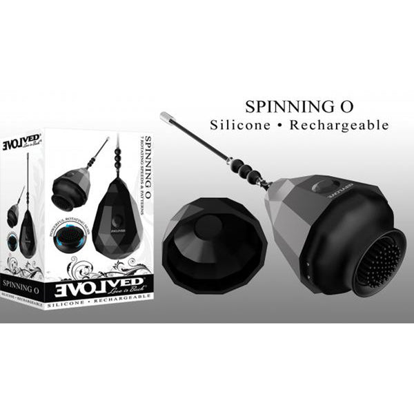 Spinning O by Evolved Novelties packaging showing rechargeable silicone vibrator front and side views