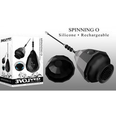 Spinning O by Evolved Novelties packaging showing rechargeable silicone vibrator front and side views