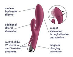 Spinning Rabbit 1 feature diagram labelling silicone body, clitoral arm, rotation, vibration, and charging point