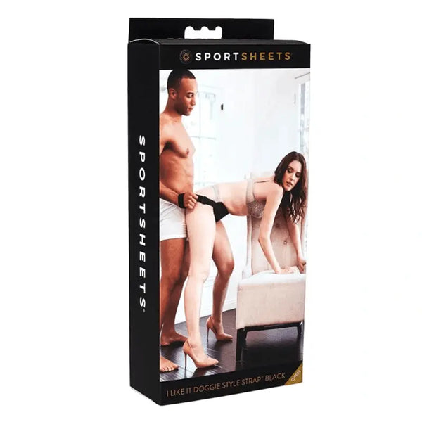 Sportsheets Doggie Style Strap black packaging with couple lifestyle photo on front