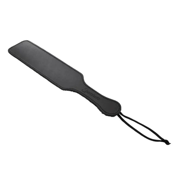 Sportsheets Leather and Fur Paddle in black with smooth faux-leather front and wrist loop