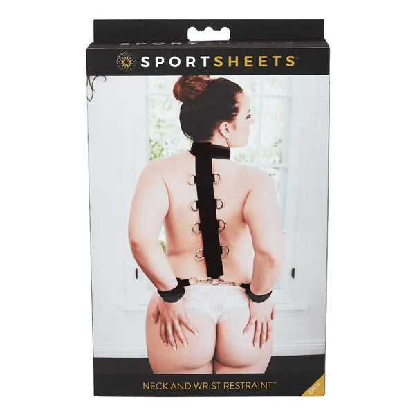 Sportsheets Neck and Wrist Restraint box, front view showing black neoprene strap system with D-rings