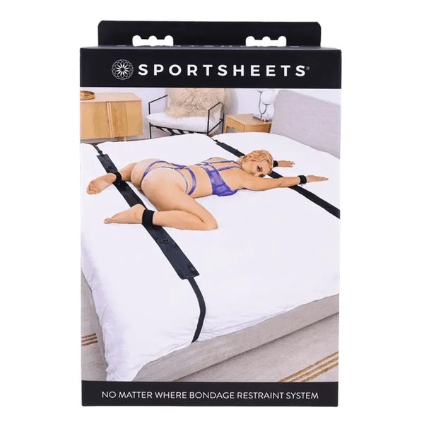 Sportsheets No Matter Where Bondage Restraint System box with lifestyle photo on white bed