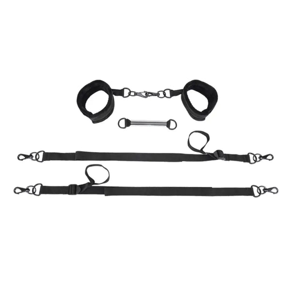 Sportsheets Pivot Connection Kit laid flat showing two black adjustable tethers, padded cuffs, and hand grip connector