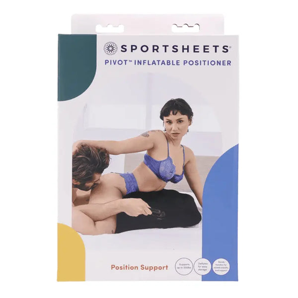 Sportsheets Pivot Inflatable Positioner retail box showing couple using black wedge cushion