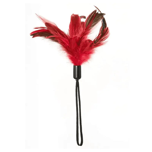 Sportsheets Pleasure Feather tickler with red and brown feathers and wrist loop handle