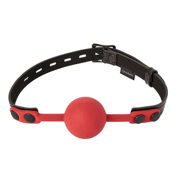 Sportsheets Saffron Silicone Ball Gag in red with adjustable black faux-leather strap
