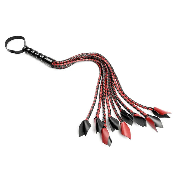 Sportsheets Saffron Braided Flogger in red and black with beaded handle and tipped tails
