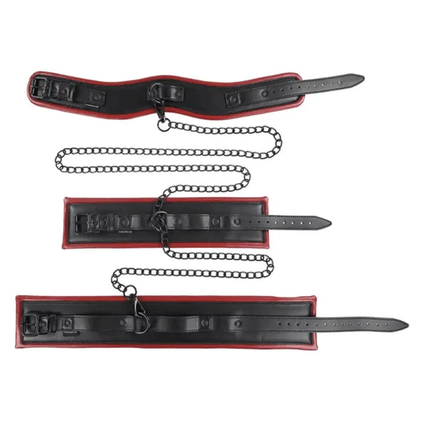 Sportsheets Saffron Chained & Tamed collar, wrist and ankle cuffs in black faux leather with red trim
