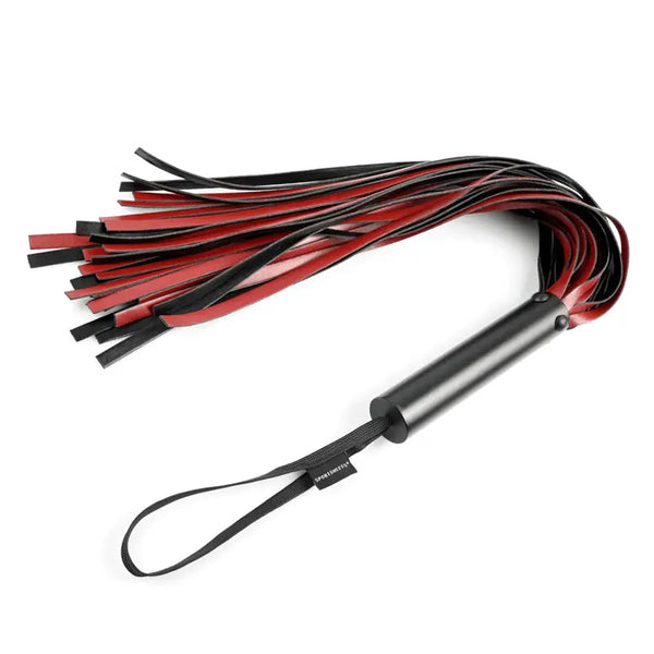 Sportsheets Saffron Flogger with red and black leather tails and silver cylindrical handle