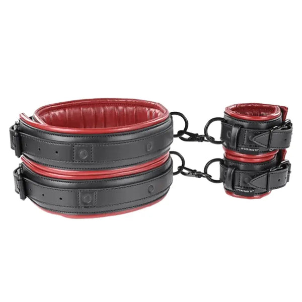 Sportsheets Saffron Thigh and Wrist Cuff Set in black faux leather with red padded lining