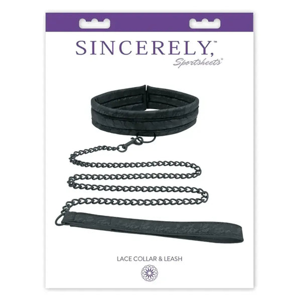 Sincerely by Sportsheets Lace Collar and Leash Set in black, shown in retail packaging