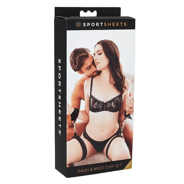 Sportsheets Thigh and Wrist Cuff Set in black packaging with couple lifestyle photo
