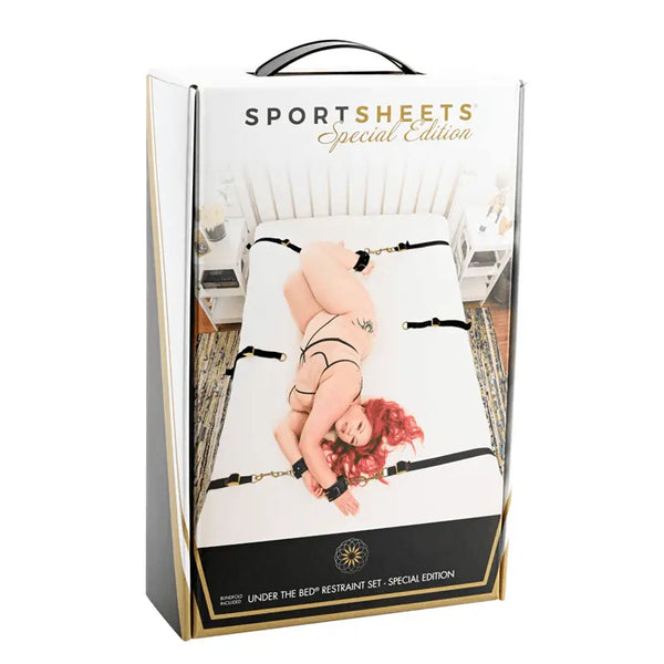 Sportsheets Special Edition Under the Bed Restraint Set box with lifestyle photo on front