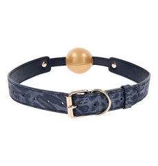 Sportsheets Cougar Ball Gag showing gold adjustable buckle clasp and embossed navy strap, rear angle