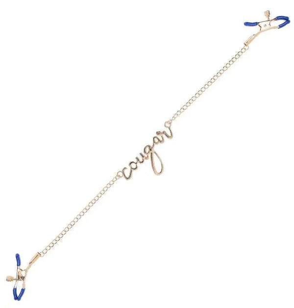 Sportsheets Cougar Nipple Clamps laid flat showing full chain length with script pendant centerpiece