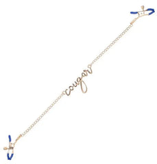 Sportsheets Cougar Nipple Clamps laid flat showing full chain length with script pendant centerpiece