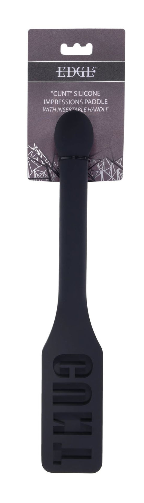 Sportsheets Edge silicone impressions paddle with insertable handle shown in retail packaging