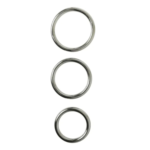 Sportsheets Seamless Metal O-Ring 3 Pack in graduated silver sizes, smooth finish