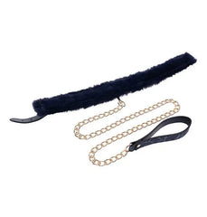 Sportsheets fur collar laid flat showing full length with gold chain leash