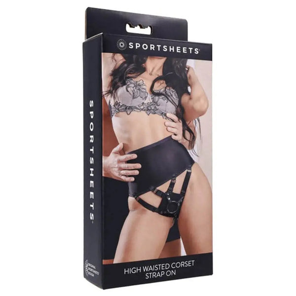 Sportsheets High Waisted Corset Strap-On Harness in black retail box packaging