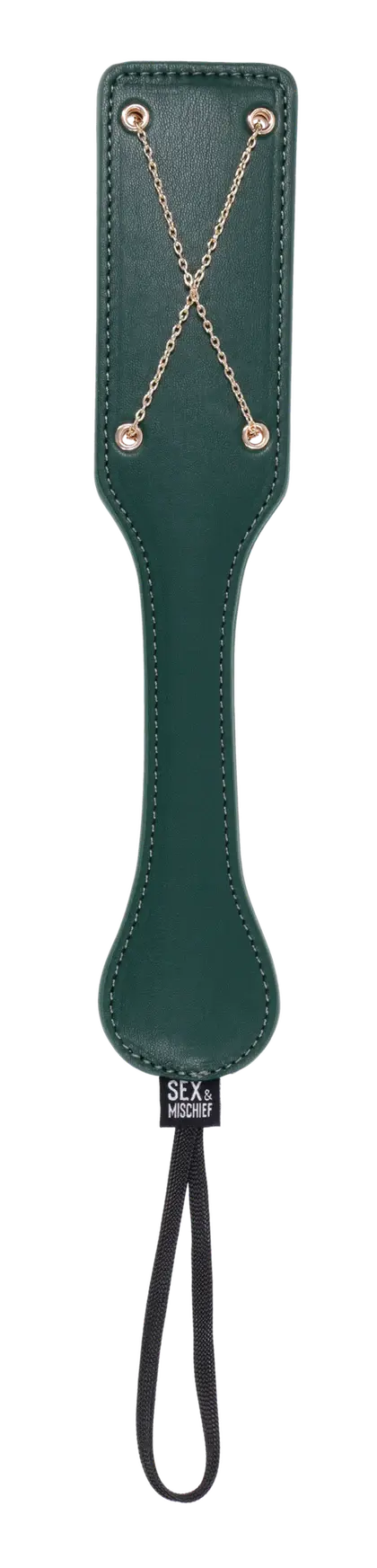 Sportsheets Indica Chain Impressions Paddle in forest green vegan leather with gold X-chain detail