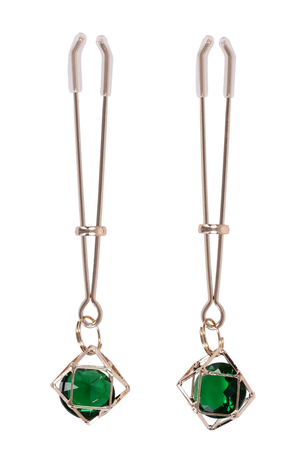 Sportsheets Indica Crystal Nipple Clips with green gem pendants in gold cage settings
