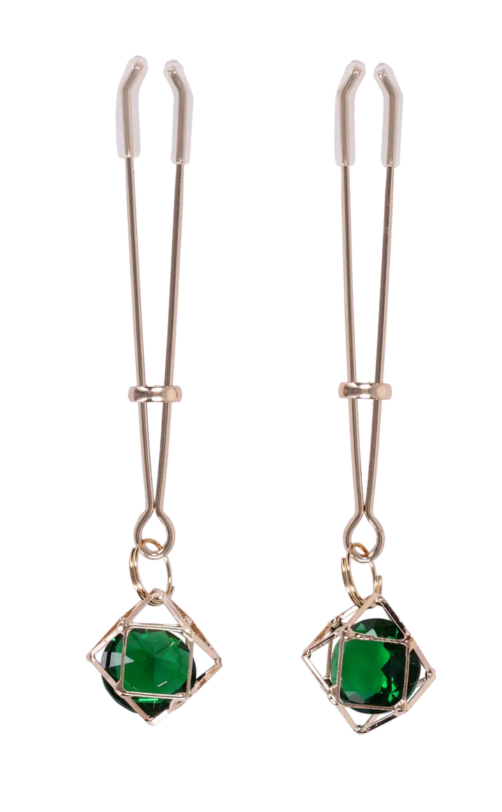 Sportsheets Indica Crystal Nipple Clips with green gem pendants in gold cage settings