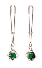 Sportsheets Indica Crystal Nipple Clips with green gem pendants in gold cage settings