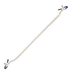 Sportsheets nipple clamps fully extended, displaying full length of the gold curb-style connecting chain