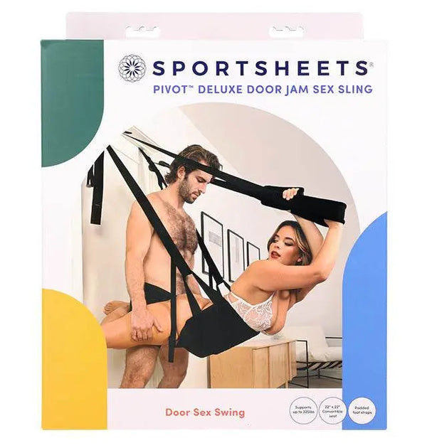 Sportsheets Pivot Deluxe Door Jam Sex Sling retail box showing couple using black padded swing