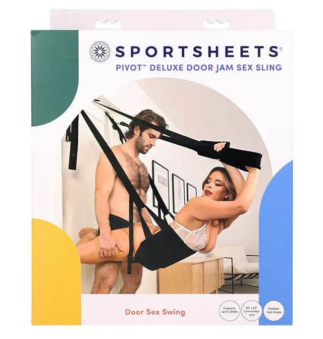 Sportsheets Pivot Deluxe Door Jam Sex Sling retail box showing couple using black padded swing