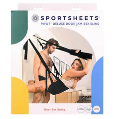 Sportsheets Pivot Deluxe Door Jam Sex Sling retail box showing couple using black padded swing