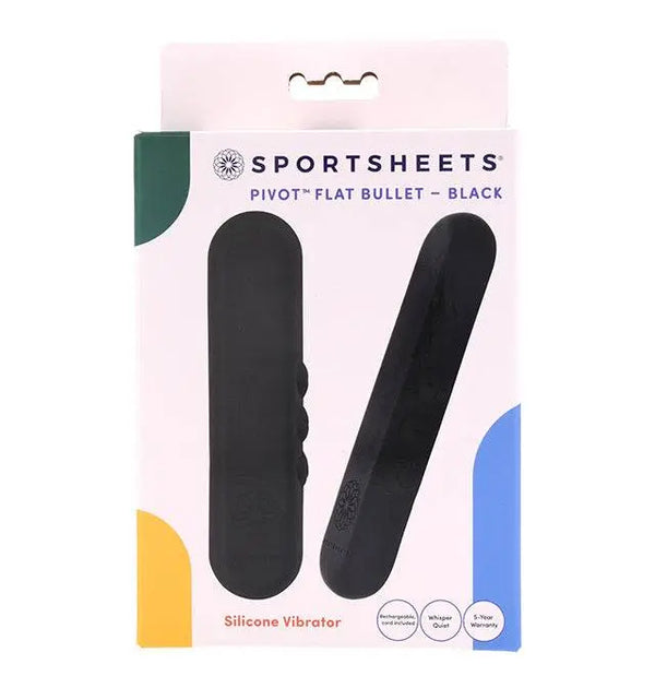 Sportsheets Pivot Flat Bullet vibrator in black silicone shown in retail box, front and back view