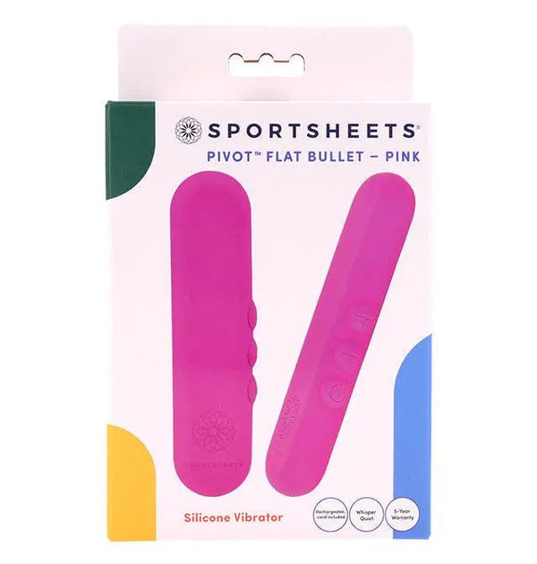 Sportsheets Pivot Flat Bullet vibrator in pink silicone shown in retail packaging, front view