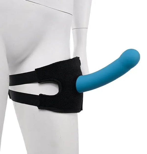 Sportsheets Pivot Forced-O thigh strap worn on mannequin with blue silicone dildo attached
