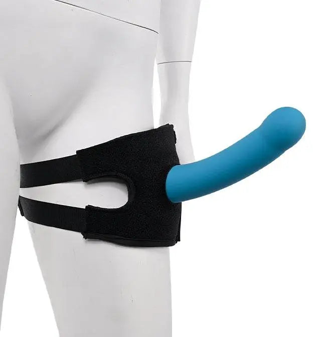 Sportsheets Pivot Forced-O thigh strap worn on mannequin with blue silicone dildo attached
