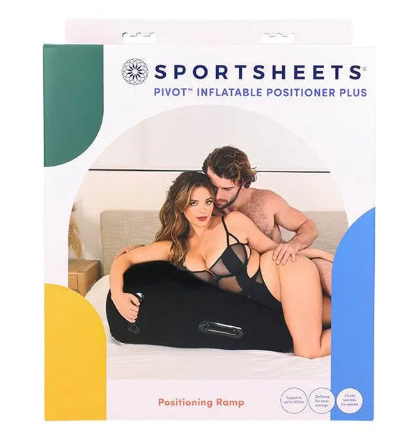 Sportsheets Pivot Inflatable Positioner Plus packaging showing couple using black wedge ramp