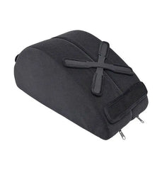 Sportsheets Pivot wedge cushion in black microfibre with cross-strap toy harness, front angle