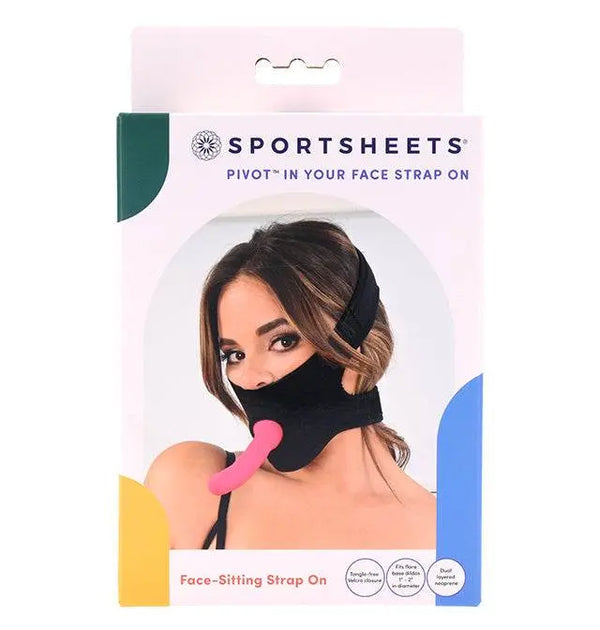 Sportsheets Pivot In Your Face Strap On retail box showing black neoprene harness with pink dildo