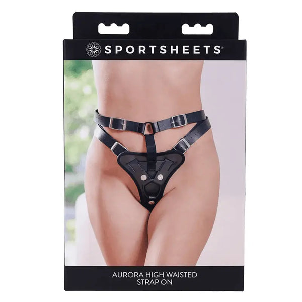Sportsheets Aurora High Waisted Strap-On Harness in black, shown on packaging with model