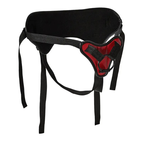 Sportsheets Saffron Strap-On Harness front view, black neoprene waistband with red satin center panel