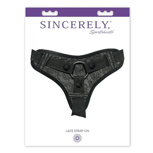 Sportsheets Sincerely Lace Strap-On harness in black, shown in retail packaging