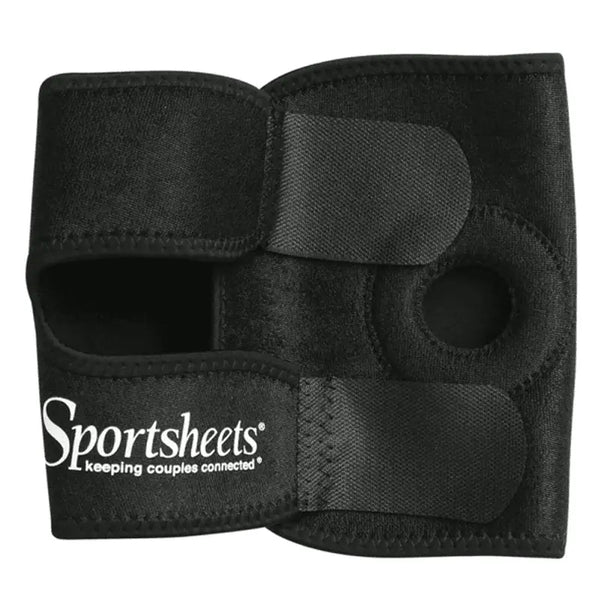 Sportsheets Thigh Strap On harness in black neoprene with adjustable hook-and-loop closure