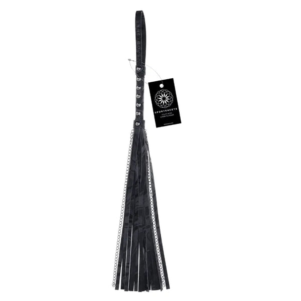 Sportsheets Velvet Noir Chain Flogger with black faux-leather tails and silver chain accent