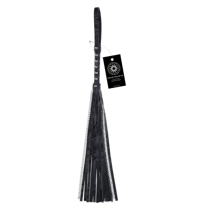 Sportsheets Velvet Noir Chain Flogger with black faux-leather tails and silver chain accent