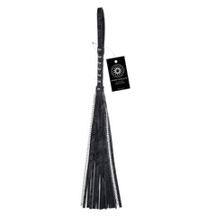 Sportsheets Velvet Noir Chain Flogger with black faux-leather tails and silver chain accent