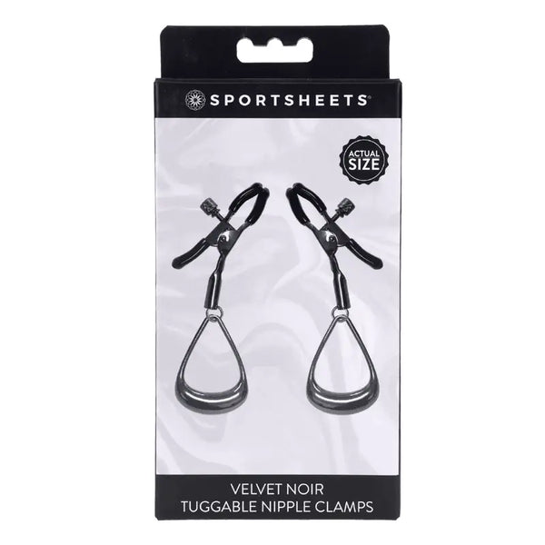 Sportsheets Velvet Noir Tuggable Nipple Clamps in black packaging, front view showing actual size