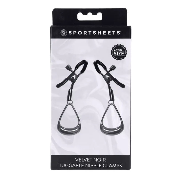 Sportsheets Velvet Noir Tuggable Nipple Clamps in black packaging, front view showing actual size